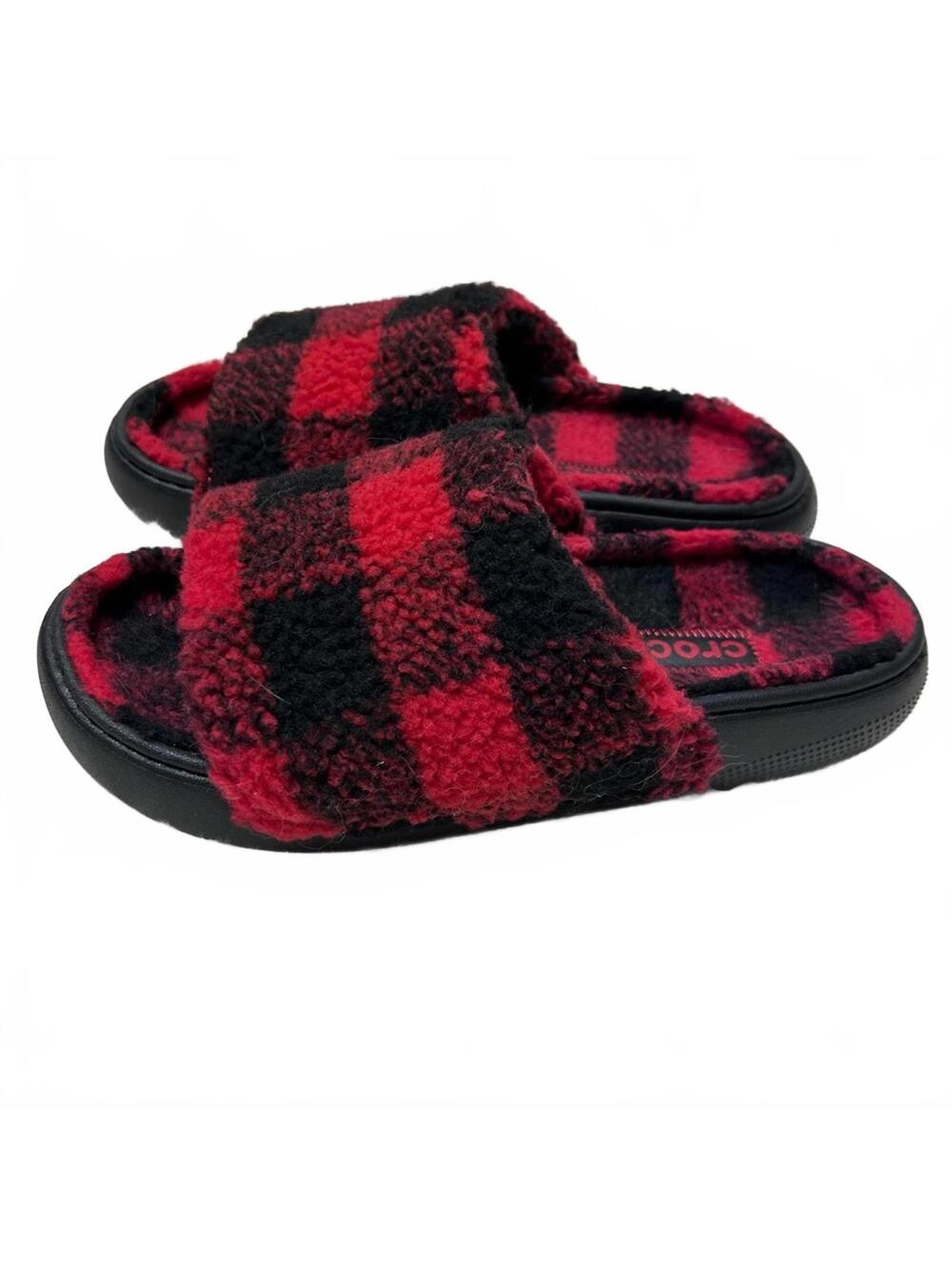 Crocs Unisex Classic Cozy Buffalo Plaid Fuzzy Slippers Slide Black & Red ~ US 6